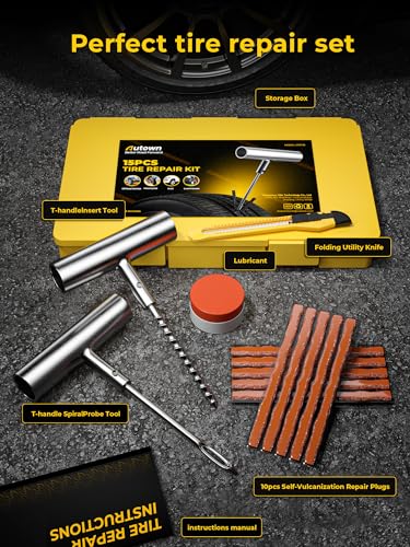 AUTOWN Tire Repair Kit with Plugs Fix Punctures & Plug Flats with Ease - Heavy Duty Flat Tire Puncture Repair Kit for Car, Motorcycle, ATV, UTV, RV, Trailer, Tractor, Jeep, Etc