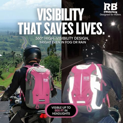 Reflective Motorcycle Backpack – Hi Viz EDC Commuter Bag for Riders, Night Travel, and Daily Use with Helmet Holder, Laptop Compartment, Ventilated Back, Urban Gear (pink backpack) - color: Pink