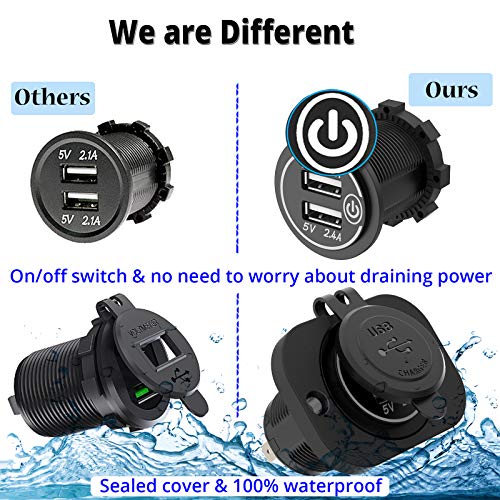 Dual USB Socket 12V Marine Outlet with Switch Golf Cart USB Port 12 Volt DC Car Charger Mount Waterproof Cigarette Lighter Power Adapter DIY Kit Fast Charge with Blue LED for Boat Motorcycle ATV RV