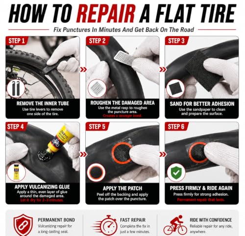 Bike Tire Repair Kit 80 PCS, Flat Tire Repair Kit with 54 Patches, 4 Vulcanizing Glue Tubes, Tire Levers & Valve Core Tools for Bikes, E-Bikes, Scooters & Inner Tube Repairs