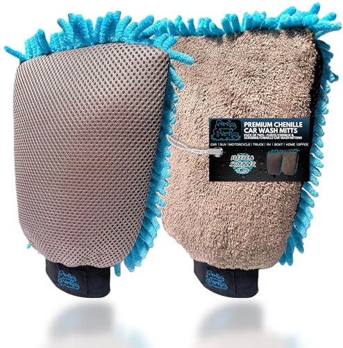 Sudz Budz® Premium Microfiber Chenille Car Washing Mitt 2 Pack | 2-in-1 Double-Sided Scrubber and Fleece Mitts. Soft, Durable, No Scratch, Lint-Free Washing and Detailing for Exterior Car Care