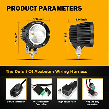 Auxbeam 4 Inch 72W Round Offroad Lights, 2PCS 7200LM LED Driving Pod Spot Lights White Beam with Wiring Harness Fit for Jeep Vehicle Truck SVU Motorcycle UTV - color: White Beam