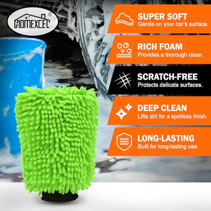 HOMEXCEL Car Wash Mitt, 2PK Chenille Microfiber Wash Mitt, Scratch-Free & Lint-Free, Rich Foam, Highly Absorbent, Double Sided, Perfect for Car Washing and Detailing, 10.2" x 6.7 ", Green - color: Green