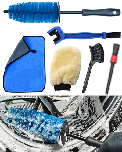Motorcycle Cleaning Brush Kit 6 Pack, Easy Reach Brush, Chain Brush,Wool Wash Mitt, Stiff Tire Brush, Detailing Brush& Microfiber Towel for Motorcycle Mudguard, Rims,Exhaust, Frame Detailing Wash Kit - size: Blue(6 Pack)