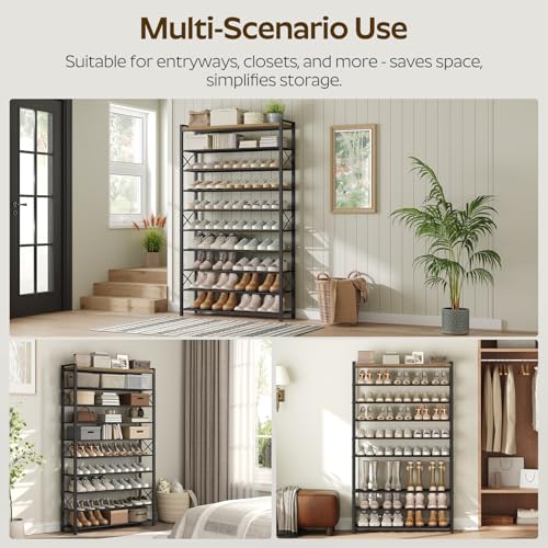 YATINEY 10-Tier Shoe Rack, 39.4" L Shoe Shelf for 45-50 Pairs of Shoes, Tall Shoe Storage Organizer with Metal Frame, Large Capacity Shoes Rack for Entryway, Closet, Rustic Brown and Black SS39BR - size: 39.4" x 11" x 68.5"