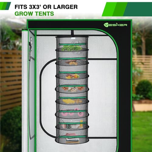 Yesker 8 Layer Herb Drying Rack Hanging Mesh Net Foldable Plant Drying Racks 24" Diameter with Green Zipper & Hook Dryer Hanging Rack for Herbs Seed Bud Fruit Clothes Grow Tent Closets Garden Outdoor - size: 8 Layers Fluorescent Green & Black with Hook