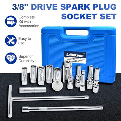 LainKeen Magnetic Spark Plug Socket Set 15PCS, CR-V Thin Wall Socket 3/4" 13/16" 14mm 16mm 18mm with T-Shaped Extension Bar, Universal Joint, Spark Plug Gapper, 8-12mm Glow Plug Removal Tool