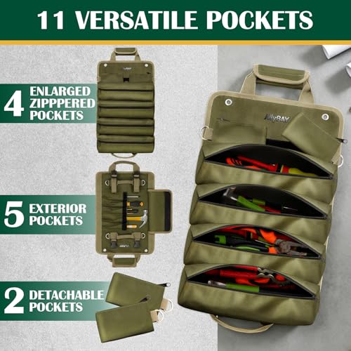 Tool Roll Up Bag Organizer, Heavy Duty Waterproof Tool Roll Bag with Detachable Pouches, Portable Tool Organizer for Mechanic, Electrician, Car Truck Motorcycle Tool Storage, Green