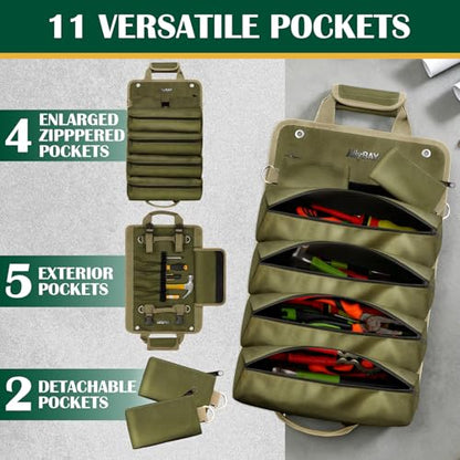 Tool Roll Up Bag Organizer, Heavy Duty Waterproof Tool Roll Bag with Detachable Pouches, Portable Tool Organizer for Mechanic, Electrician, Car Truck Motorcycle Tool Storage, Green