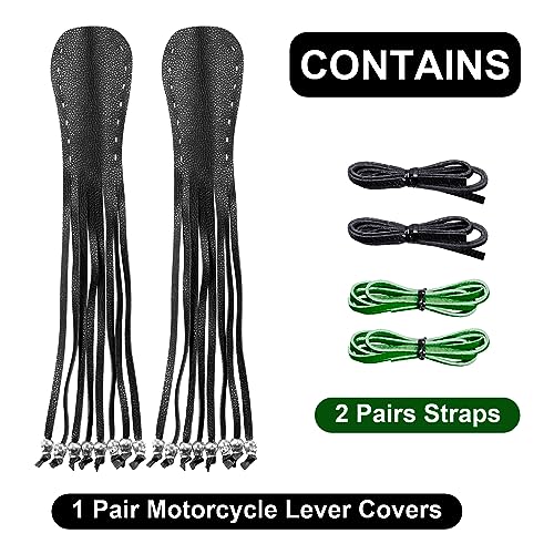Motorcycle Lever Cover PU Leather Fringed Brake Clutch Covers Universal Grip Tassels Motorcycle Handlebar Covers with Skull Beads - color: Black with Green Strap
