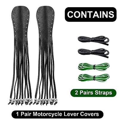 Motorcycle Lever Cover PU Leather Fringed Brake Clutch Covers Universal Grip Tassels Motorcycle Handlebar Covers with Skull Beads - color: Black with Green Strap