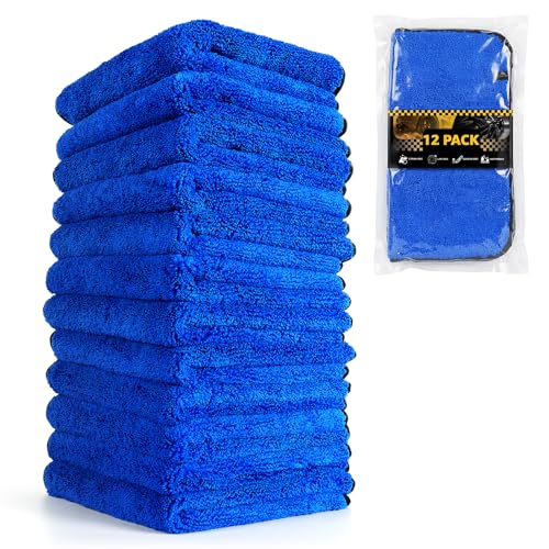 SMINDER 12-Pack Microfiber Cleaning Cloth, Car Drying Towels Car Detailing– XL Microfiber Towels for Cars, Trucks (15.7" x 15.7"), Ultra-Absorbent, Streak-Free, Scratch-Free, No Water Spots - color: Blue