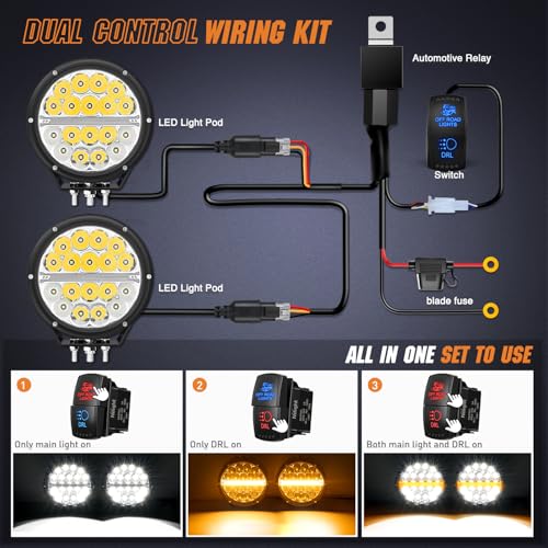 Nilight LED Offroad Driving Lights with Amber DRL 2PCS 7 Inch Round 90W IP68 Spot Flood Combo Work Light Bar with 12 AWG DT Connector Wiring Harness Kit for 4x4 Truck ATV UTV SUV - color: 2Pcs 90w 7Inch amber DRL Light Kit
