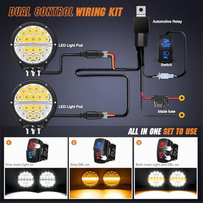 Nilight LED Offroad Driving Lights with Amber DRL 2PCS 7 Inch Round 90W IP68 Spot Flood Combo Work Light Bar with 12 AWG DT Connector Wiring Harness Kit for 4x4 Truck ATV UTV SUV - color: 2Pcs 90w 7Inch amber DRL Light Kit