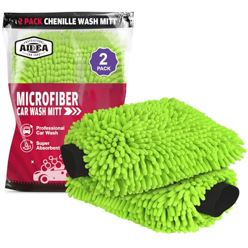 AIDEA Car Wash Mitt Microfiber, 2PK-Scratch-Free& Lint-Free, Premium Chenille Microfiber Wash Mitt-Green Extra Large Size (8''X12'') - color: Green, size: 2PK-8''X12''
