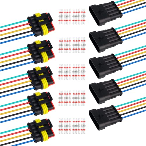 TMH 10Pcs 5 Pin Electrical Connector Male and Female, 10cm. 22 AWG Waterproof Wire Connectors 5 Way with Heat Shrink Tubing for Car Truck Boat Wire Connection (5 Set) - size: 5 Pin - 5 Sets