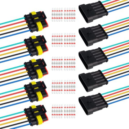 TMH 10Pcs 5 Pin Electrical Connector Male and Female, 10cm. 22 AWG Waterproof Wire Connectors 5 Way with Heat Shrink Tubing for Car Truck Boat Wire Connection (5 Set) - size: 5 Pin - 5 Sets