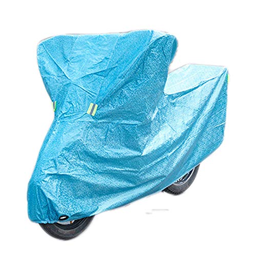 Motorcycle Cover, Waterproof Aluminum Film All Season Protection Cover Against Rain/Snow/Sun/Dust with Elastic Hems, Lock Holes, Storage Bag,Blue,XL - color: Blue, size: X-Large