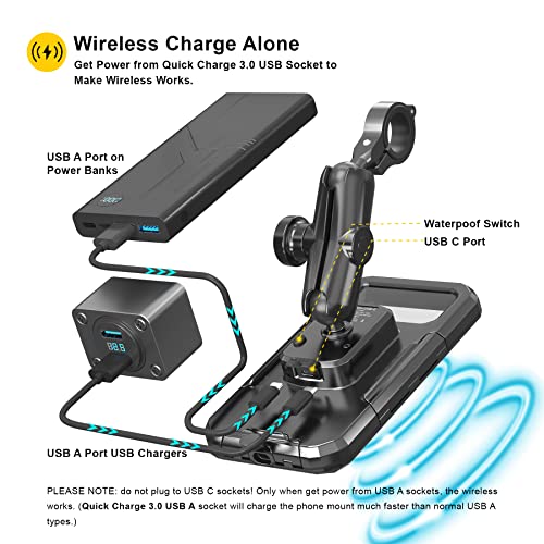 iMESTOU Waterproof Motorcycle Phone Mount IP67 with Wireless Qi/USB C 3.0 Charger, Anti-Theft Handlebar 1" Ball Phone Holder with Aluminum Mounting Base 720° Rotation for 3.5"-6.1" Smartphones(S) - size: S(For 3.5"-6.1" Phones)