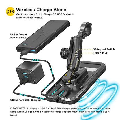 iMESTOU Waterproof Motorcycle Phone Mount IP67 with Wireless Qi/USB C 3.0 Charger, Anti-Theft Handlebar 1" Ball Phone Holder with Aluminum Mounting Base 720° Rotation for 3.5"-6.1" Smartphones(S) - size: S(For 3.5"-6.1" Phones)