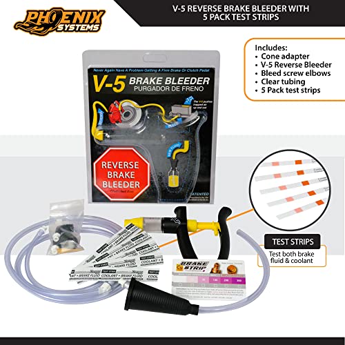 Phoenix Systems 2104-BRK V-5 Reverse Brake and Clutch Bleeder (Includes 5 Pack of Brake Fluid + coolant Test Strips), One Person, Fits All Makes and Models