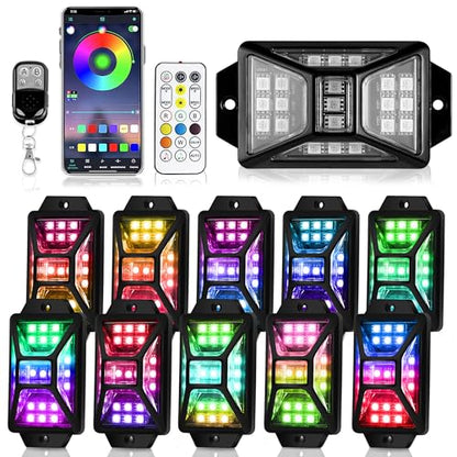 10 Pods Full Angle RGB Rock Lights Compatible with 12V Trucks Jeep UTV SUV ATV Boat Golf Cart, Waterproof Multi-Color, App/Remote Control Led Rock Lights with Music Mode(Patented) - size: 10 Pods-Full Angle-(New 3 Control Mode)-12V