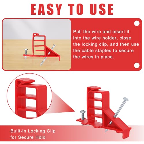 200 Pcs Multi-Cable Staple, Cable Stackers Electrical Wire Stackers, Secures Cable Staples Clips with Steel Nails Suitable Most Cables (Red) - color: Red-With Locking Clip
