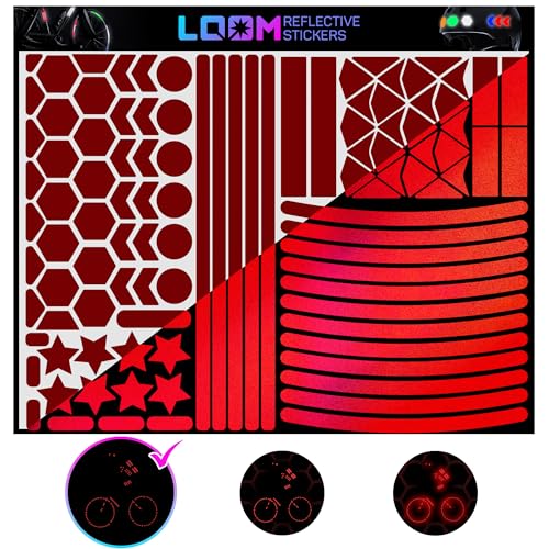 LOOM Reflective Stickers Mega Kit (101pcs Red) Nighttime Safety Waterproof Self-Adhesive Decals for Helmets, Skateboard, Bike, Scooter, E-Bike, Motorcycle & Strollers Bright Colors - color: Red
