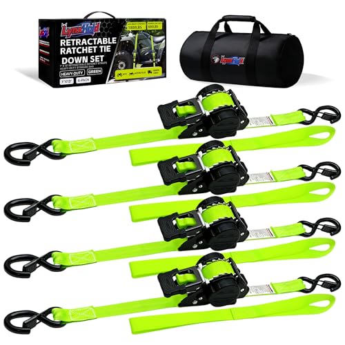 Retractable Ratchet Straps 1" x 13Ft, Heavy Duty Self Retracting Tie Down Straps, 1800lb Break Strength Auto Retract Cargo Straps for Truck, Trailer, Motorcycle, ATV, UTV, (Fluorescent Green, 4 Pack) - color: Green, size: 4 pack