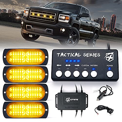 Xprite 24 LED Amber Surface Mount Strobe Lights Kit with Control Panel, Grill Grille Side Marker Flashing Emergency Warning Light Assemblies for Trucks Vehicles ATV RV Cars Van 4PCS - color: Amber, size: 4 PCS