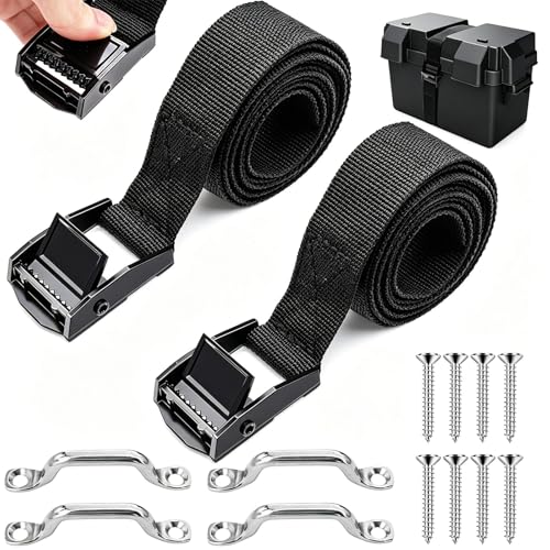 2 PCS 1" x 6.5ft Battery Tie Down Strap kit,Battery Hold Down Strap with Stainless Steel Cam Buckle,4 Stainless Steel Eye Strap Mounts, 8 SS Screws for Boats, Luggage Belt, Cars - size: 1'' X 78''-2pcs With Screws