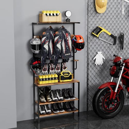 Motorcycle Helmet Holder Floor Mounted Stand, Wall Mount with Helmet Rack, 4 Glove Chips and 4 Hooks, Rustic Helmets Holder and Motorcycle Helmets Rack for Most of Helmet