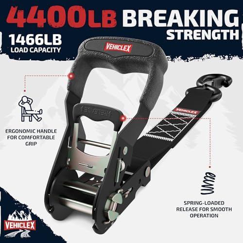 Vehiclex 1.5" x 15 ft 4,400 lb Heavy Duty Ratchet Tie Down Straps with Soft Loops – 4PK for Cargo & Equipment – Black - color: Black, size: 15 ft - 4 Pack