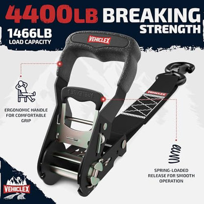 Vehiclex 1.5" x 15 ft 4,400 lb Heavy Duty Ratchet Tie Down Straps with Soft Loops – 4PK for Cargo & Equipment – Black - color: Black, size: 15 ft - 4 Pack
