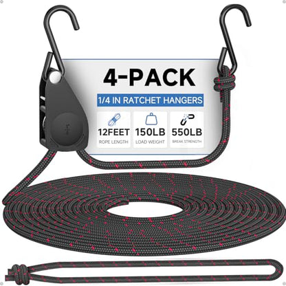 Fondwell 1/4" Tie Downs Ratchet Straps: 4-Pack Rope Hangers with Protective Soft Loops - Secure Tie Down Ratcheting for Transport - size: 1/4" 4-Pack (with Loops)