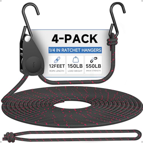 Fondwell 1/4" Tie Downs Ratchet Straps: 4-Pack Rope Hangers with Protective Soft Loops - Secure Tie Down Ratcheting for Transport - size: 1/4" 4-Pack (with Loops)