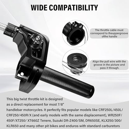 Universal 7/8" Big Twist Throttle Assembly, Dual Push-Pull Cable with Transparent Window for 110-650cc Dirt Pit Bike, Motocross, ATV & Quad, CNC Aluminum Quick Twister Throttle Grip (Black) - color: Black