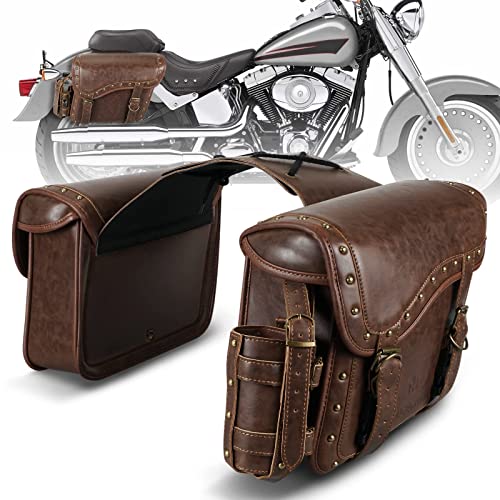 NICECNC Motorcycle Saddle Bags, PU leather Motorcycle Saddlebags with Cup Holder, Reinforced Straps & Saddle Piece, Throw Over Side Accessories Bags, Brown - size: 25L-Brown1