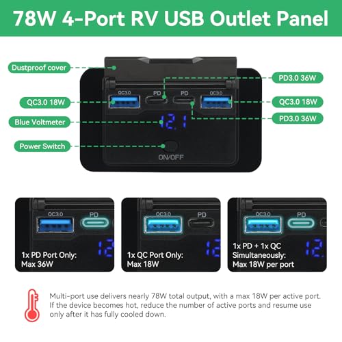 12V USB Outlet Panel 78W Wall Mount Power Outlet with Blue Voltmeter Dual 36W PD & Dual 18W QC3.0 Car USB Port Lightweight 12V USB Charger with ON/Off Switch - size: Pack of 1 with 4 Port / 78W