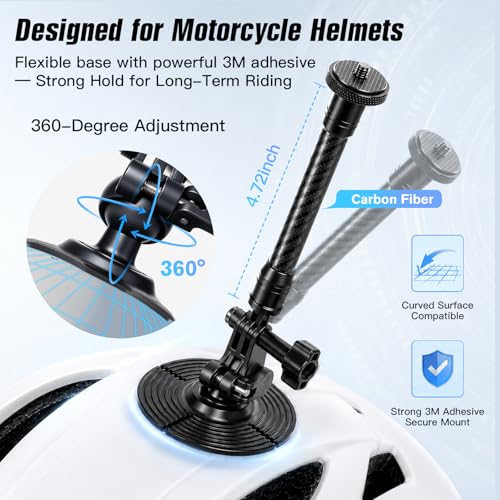 Geyo Flexible Adhesive Helmet Mount, Flat and Curved Action Camera Base | Carbon Fiber Arm, 1/4" Camera Base Adapter, Safety Rope, POV Angle, Compatible with Insta360, GoPro, DJI Action Cameras