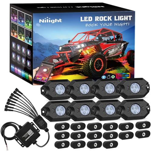 Nilight RGB LED Rock Lights Kit 8 PCS Underglow Multicolor Neon Light Pod with Magnetic Base Bluetooth App Control Flashing Music Mode IP68 Wheel Well Light for Truck ATV UTV RZR SUV - color: RGB 3LED w/Magnetic base, size: 8 Pods