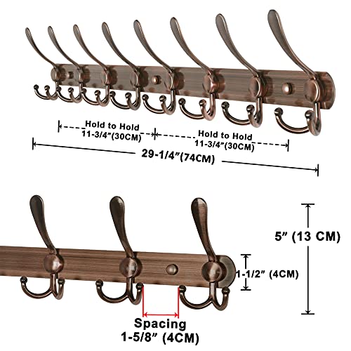 Dseap Coat Rack Wall Mount - 29.5” Long 8-Tri-Hooks Heavy Duty Coat Hanger Rail Wall Hooks for Hanging Coats Hats Clothing Clothes Purse Mudroom Entryway, Red Antique Copper - color: Antique Copper, size: L=29.5” (1 Pcs)