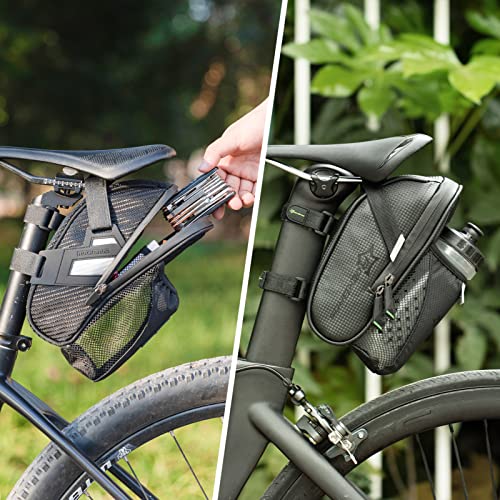 ROCKBROS Bike Saddle Bags with Water Bottle Pouch Waterproof Bike Bags Under Seat Pack for Mountain Road Saddle Bag Bicycles Storage Bag - color: Black