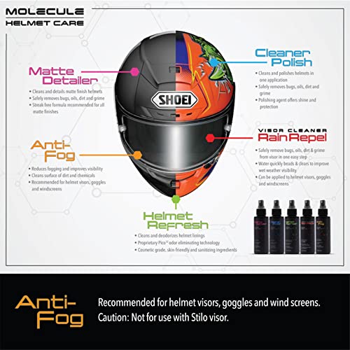 Molecule Helmet Anti-Fog Spray | Premium Helmet Care Spray | Reduces Fogging & Improves Visibility for Helmet Visors, Goggles & Windscreens | Cleans Dirt & Residue | 4 oz + 1 Microfiber Towel