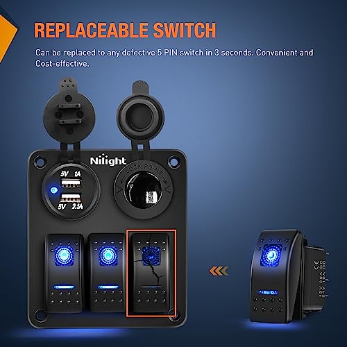Nilight 3 Pack Rocker Switches with Night Glow DIY Stickers On Off Toggle 5 PIN SPST LED Light Blue Backlit 12V/24V for Cars Trucks RVs Boats Auto Motorcycles - color: Blue 3 PCS