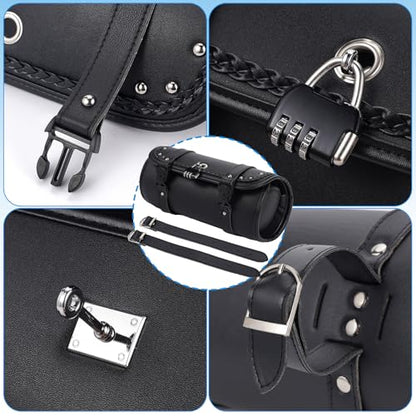 Retro Motorcycle Handlebar Bag with Combination Lock,PU Leather Handlebar Bag,Dual Mount Anti-Theft Motorcycle Tool Bag,Universal Easy Install for Most Models - color: Black - Round