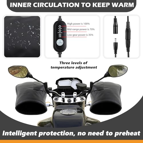 Hanaive 1 Pair Heated Motorcycle Handlebar Gloves ATV Windproof Handlebar Muffs Winter Thermal Muffs Waterproof Bike Mittens Electric Scooter Grip with Reflective Strip for Cold Riding Cycling, Black