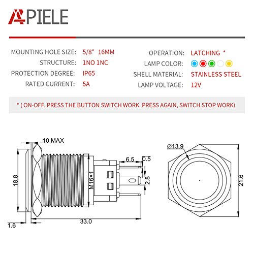 APIELE 16mm Latching Push Button Switch 12V DC Angel Eye Halo Ring LED Metal 1NO1NC SPDT with Wire Socket Plug (White) (Pack of 2) - color: Silver Shell-White, size: Silver Shell (Pack of 2)