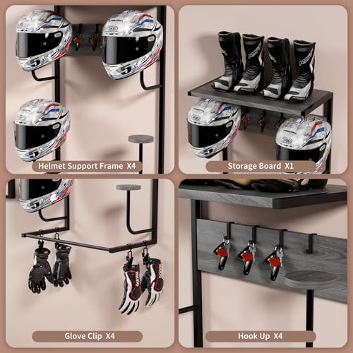 Motorcycle Helmet Holder Wall Mounted, Helmet Holder Wall Mount with Helmet Rack, 4 Glove Chips and 4 hooks, Rustic Helmet Holder and Motorcycle Helmet Rack for Most of Helmet and Clothes (Grey) - color: Grey