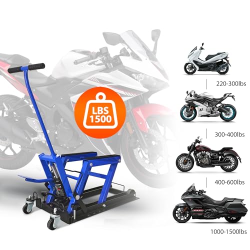Hydraulic Motorcycle Lift Jack, 1500 LBS Scissor Lift Table with 4 Casters, Foot-Operated ATV UTV Lift Stand for Motorcycle ATV UTV Powersports, Portable Blue